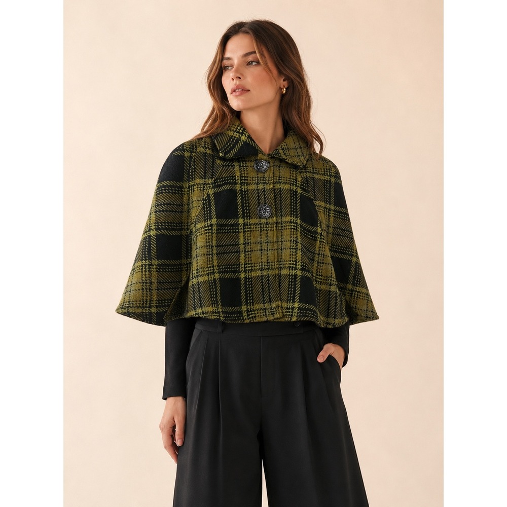 VTG Nordstrom Cape Coat Women One Size Green  Plaid Virgin Wool Italy Capelet